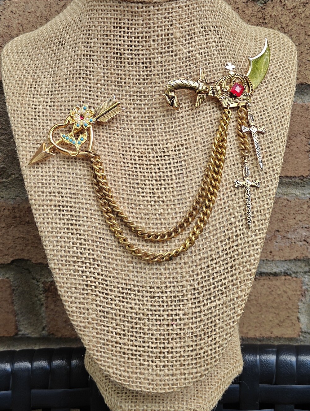 Vintage Heraldic Chatelaine Brooch Rhinestone Swords Saber Gold Tone